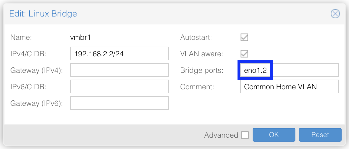 Bridge configuration in Proxmox including the VLAN ID